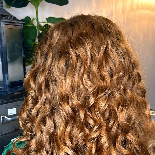 Thick golden-blonde curls from behind after a curly cut